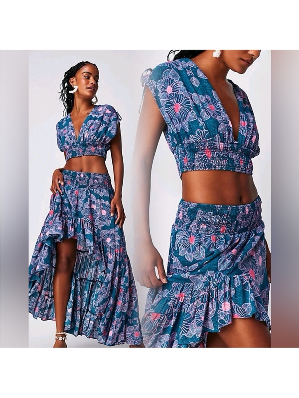 Free People MEDIUM Morning Sun Top & Floral Blue High-Low Ruffle Maxi Skirt NWOT